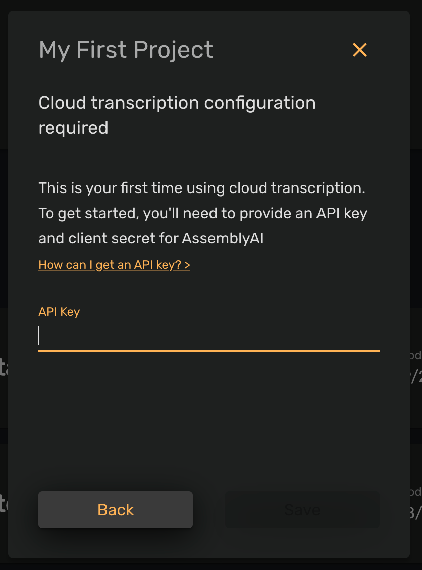 Transcription configuration modal